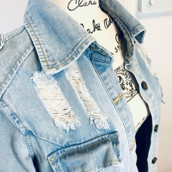 Light Wash Distressed Denim Long Jacket - Picture 6 of 13